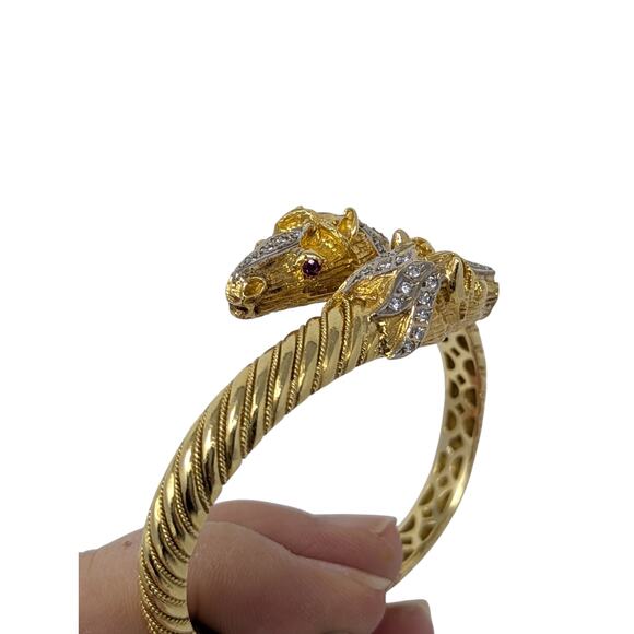 18K Gold Double Horse Head Diamond Ruby Bypass Bangle Bracelet Yellow Gold - Picture 12 of 16